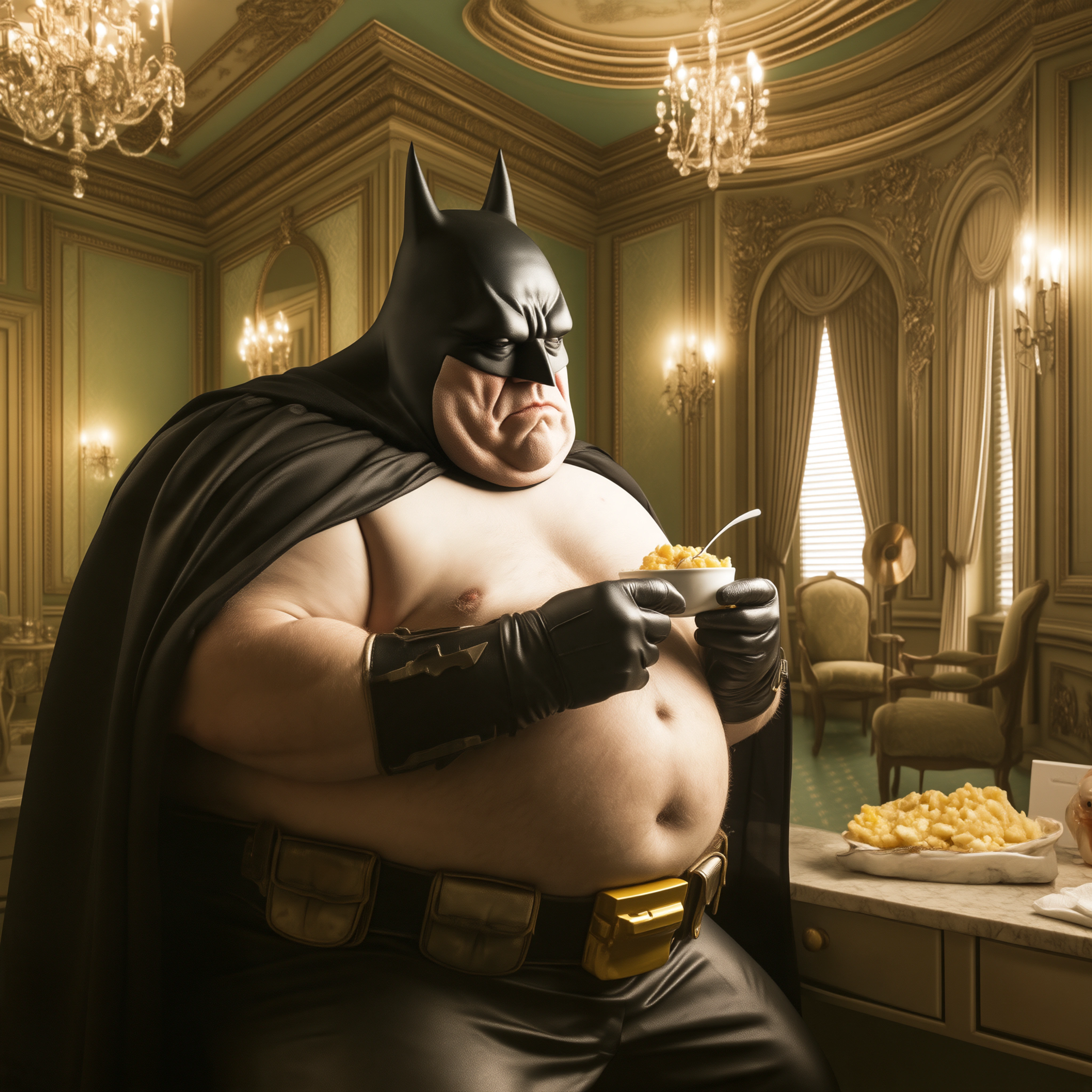 Batman holding a bowl of food in an ornate green and gold room with chandeliers, digital art by Demian Reidel