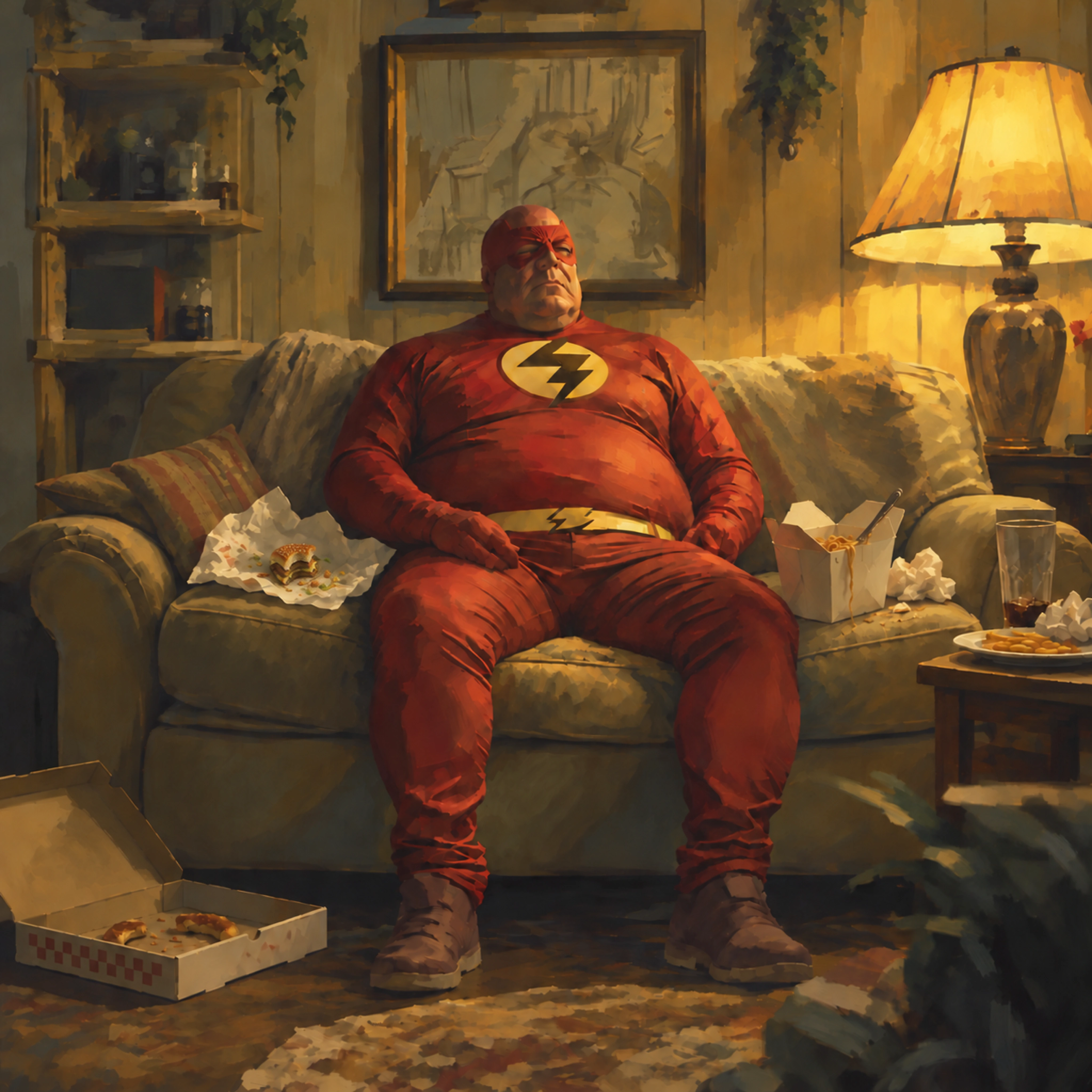 Flash resting on a worn sofa surrounded by takeaway food cartons under a warm lamp, digital art by Demian Reidel