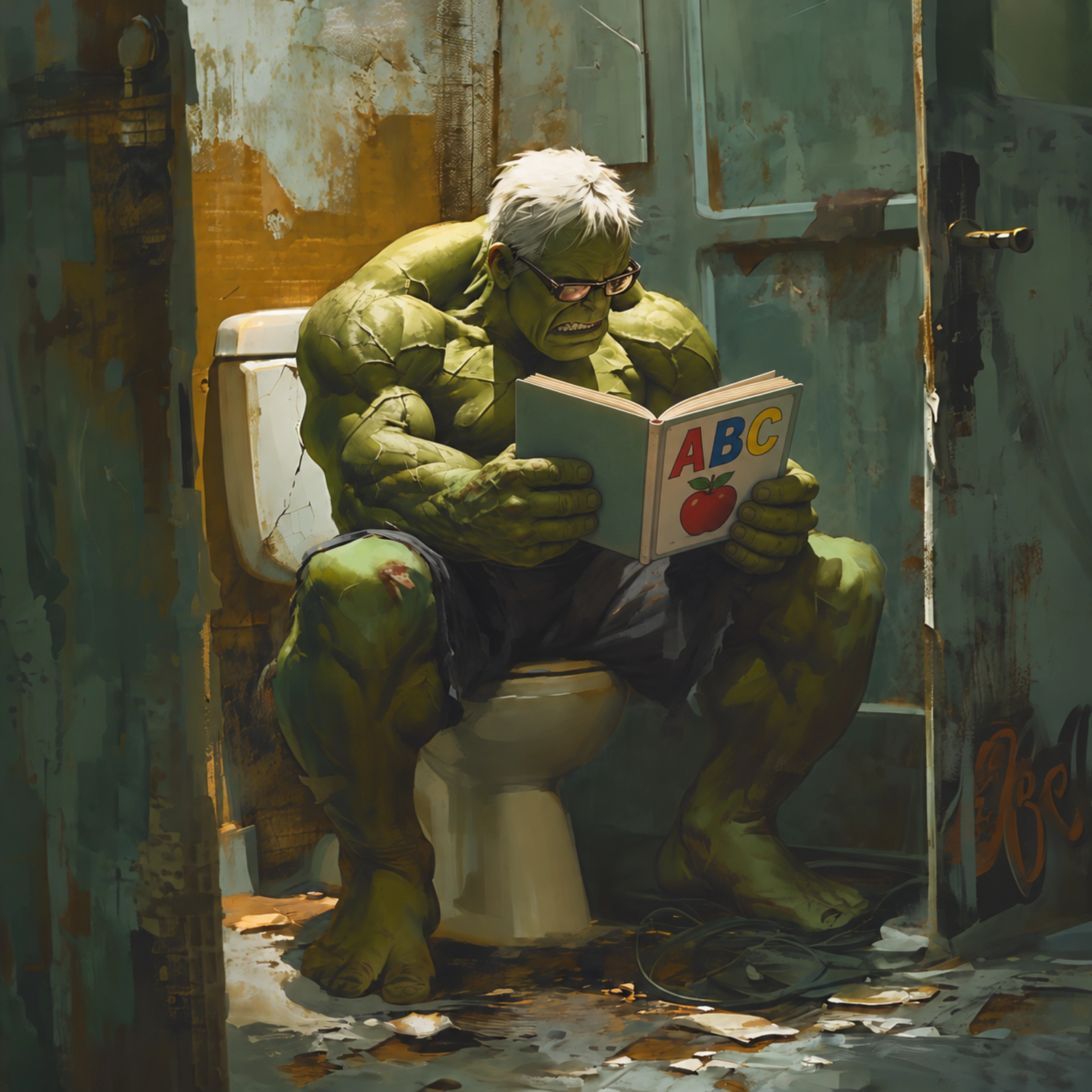 A white haired Hulk wearing glasses and reading an ABC book on a toilet in a worn bathroom, digital art by Demian Reidel