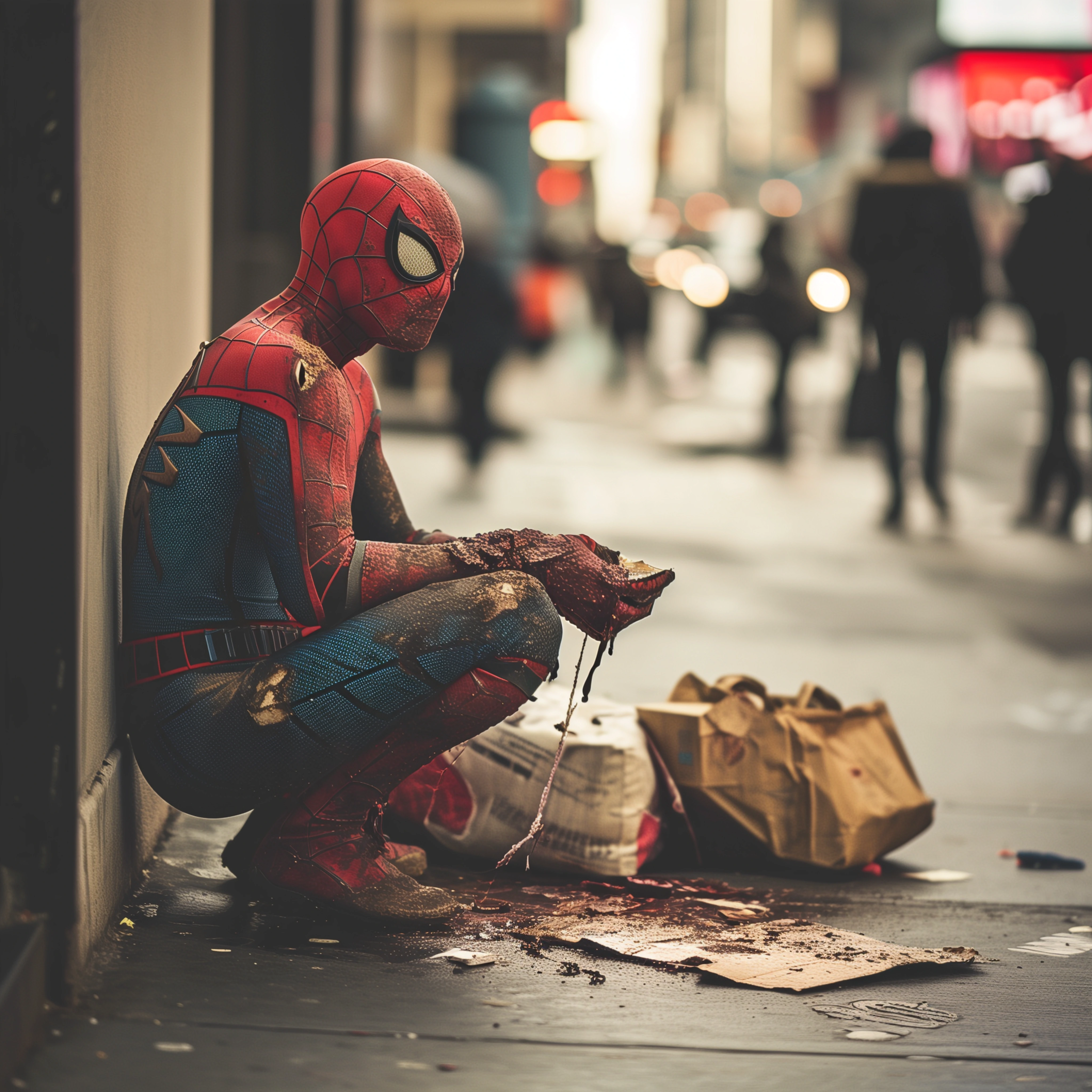 Spider-Man crouching on a city sidewalk in a frayed suit, with bags and belongings beside him, digital art by Demian Reidel