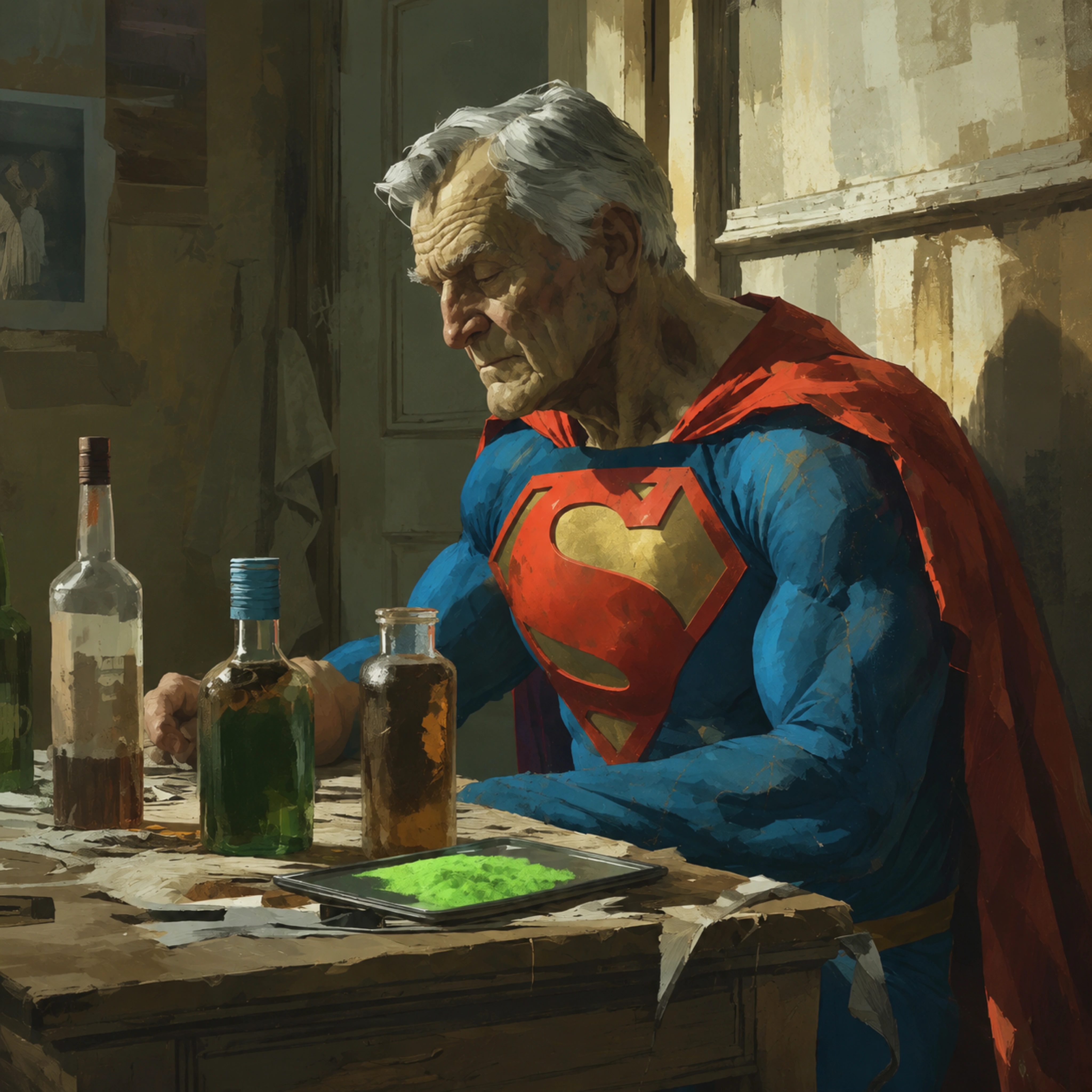An older Superman seated at a worn table with bottles and a tray of bright green powder, digital art by Demian Reidel