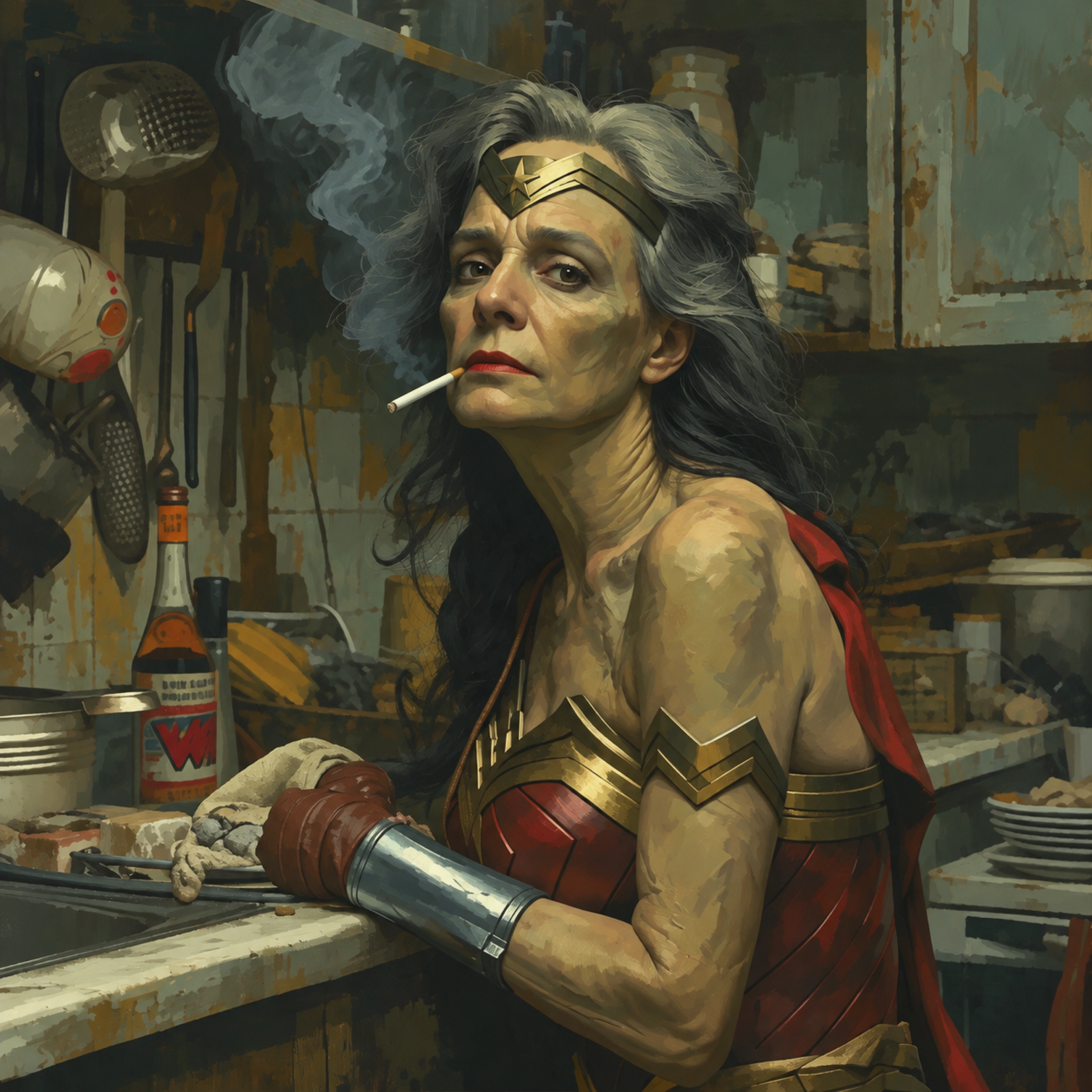 An older Wonder Woman smoking a cigarette beside the sink in a worn kitchen, digital art by Demian Reidel